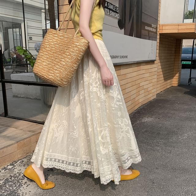 Lace Skirt High Midi Waist A-Line