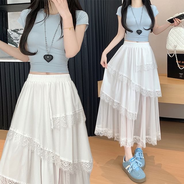 Panel Waist Lace Mesh High A-Line Skirt Asymmetrical Trim Midi