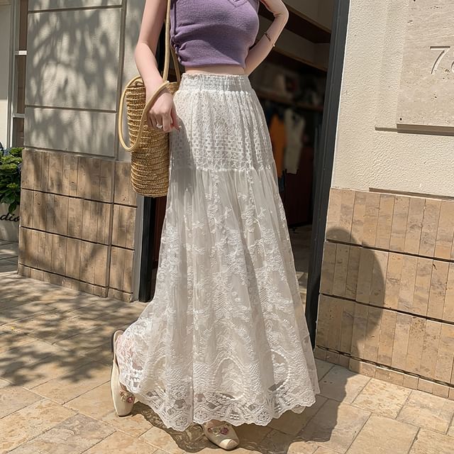 Maxi Lace High Waist A-Line Skirt