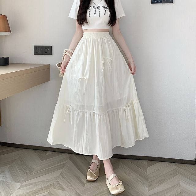 Midi High Bow Accent Rise Plain Skirt A-Line