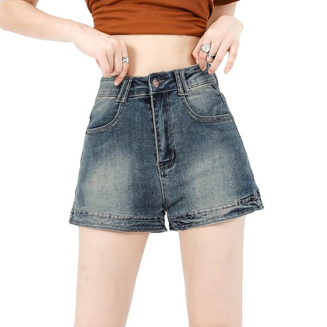 Washed Denim Waist High Hot Pants