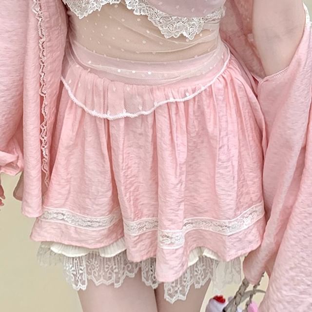 Lace Trim Crop Set: Camisole, Skirt, Shirt - LaceLux