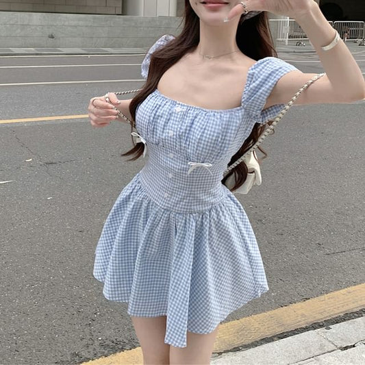Mini Dress A-Line Gingham Puff-Sleeve Kerchief / Bow