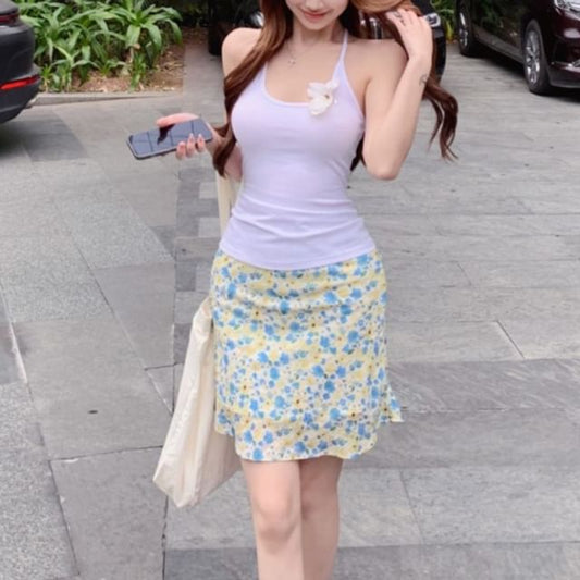Mini High Skirt Halter Pencil Detail Flower Floral / Neck Plain Top Rise Scoop