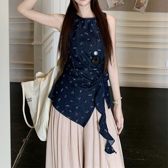 Leg High Asymmetrical Plain Tank Pants / Rise Wide Top Floral