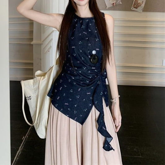 Leg High Asymmetrical Plain Tank Pants / Rise Wide Top Floral