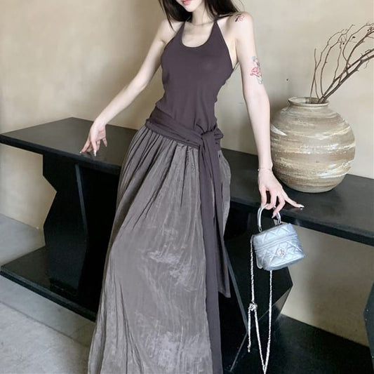 Top Skirt Maxi High / Waist Scoop Halter Tie Neck A-Line Plain