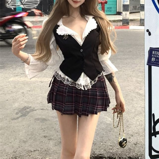 A-Line / Cami High Plain Trim Blouse Top Puff-Sleeve Pleated Waist Plaid Button-Up Striped Mini Skirt Lace