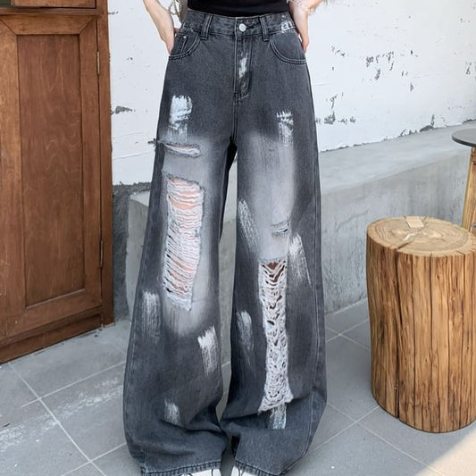 Splash Waist Leg Distressed Wide Washed High Print Jeans