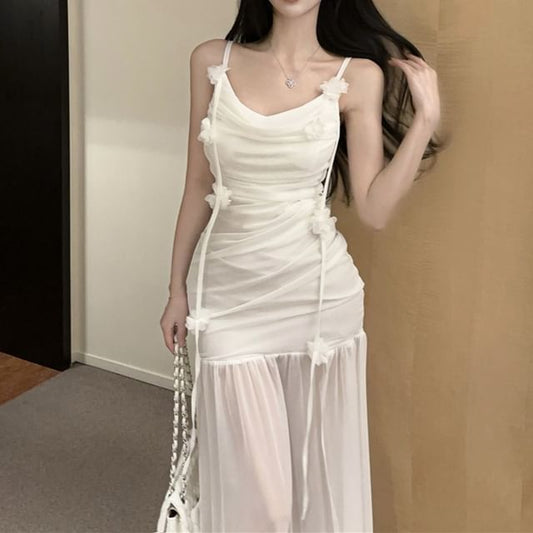 Plain Dress Detail Spaghetti Mermaid Side-Slit Flower Strap Ruched Maxi