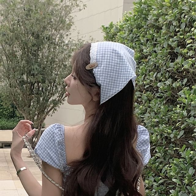 Mini Dress A-Line Gingham Puff-Sleeve Kerchief / Bow