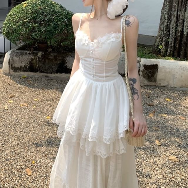 A-Line Lace Top Maxi Trim Camisole Skirt / Waist Plain High Peplum