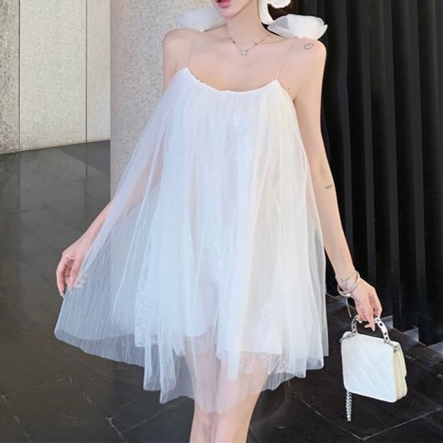 Mini Detail Mesh Strap Plain Spaghetti Flower Sundress
