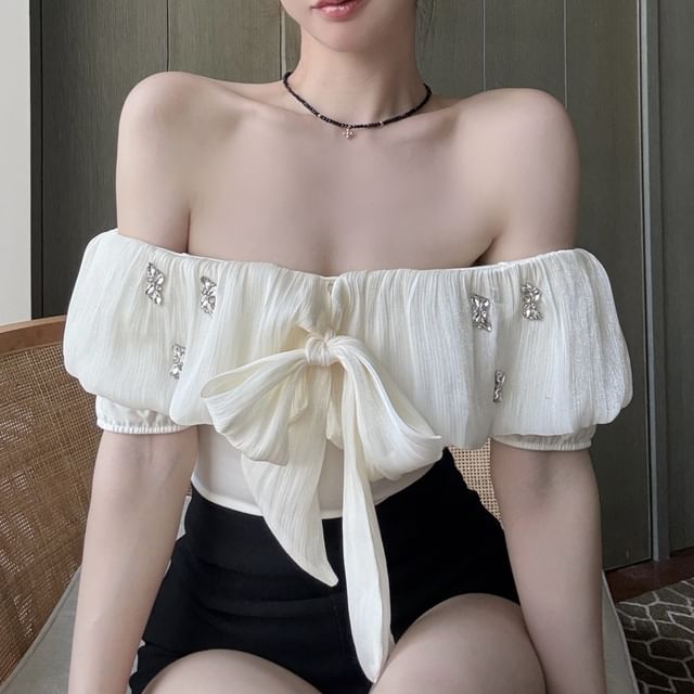 Plain Rhinestone Bow Blouse Off-Shoulder Puff-Sleeve
