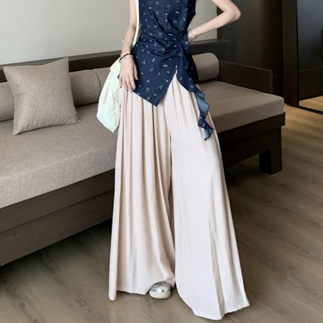 Leg High Asymmetrical Plain Tank Pants / Rise Wide Top Floral