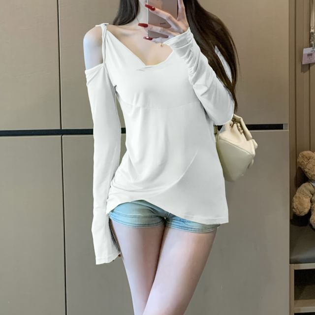 T-Shirt Asymmetrical Long-Sleeve One-Shoulder Plain