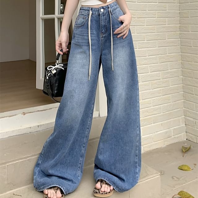 Waist Leg High Wide Washed Jeans