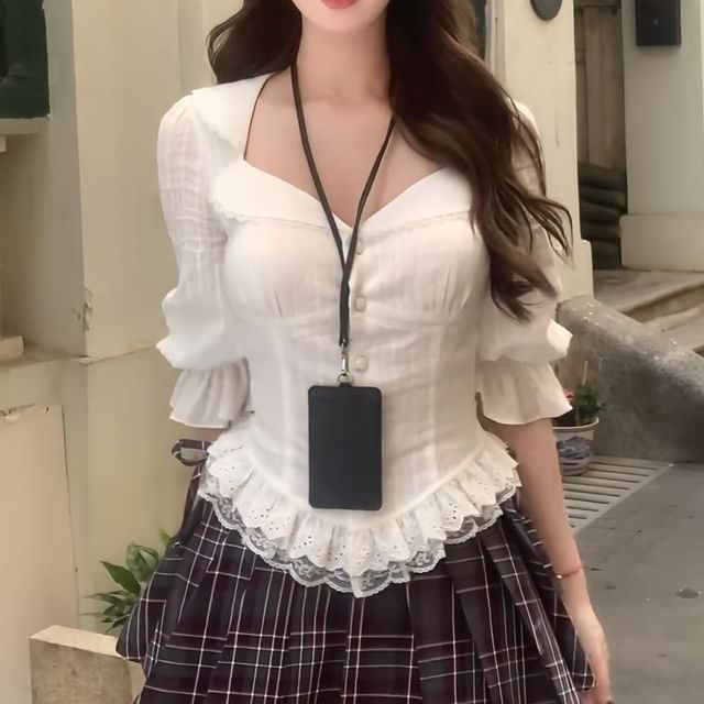 A-Line / Cami High Plain Trim Blouse Top Puff-Sleeve Pleated Waist Plaid Button-Up Striped Mini Skirt Lace