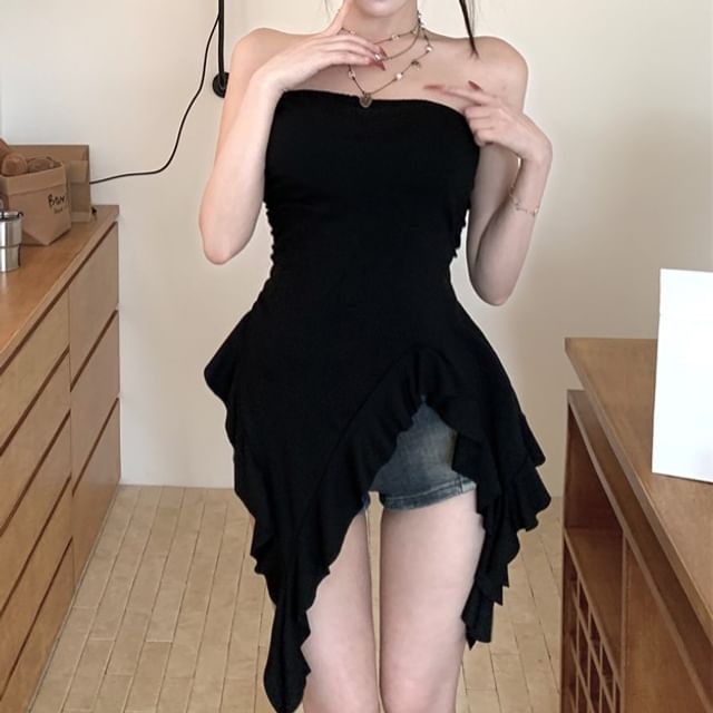 Top Ruffle Strapless Asymmetrical Plain