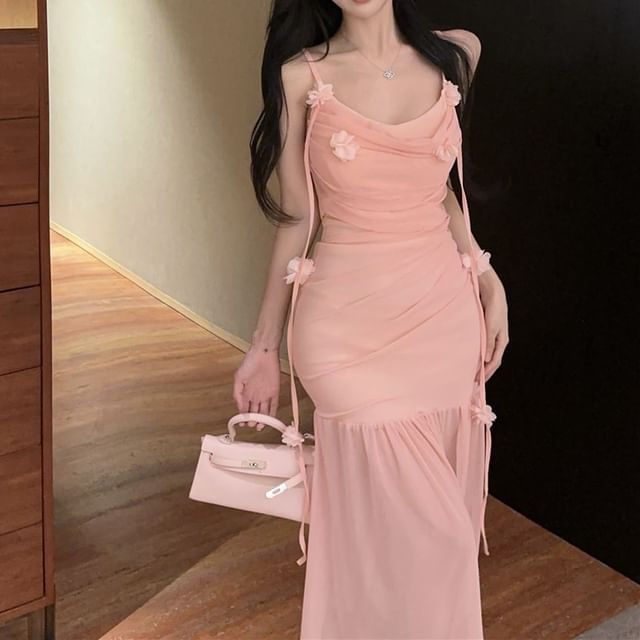Plain Dress Detail Spaghetti Mermaid Side-Slit Flower Strap Ruched Maxi