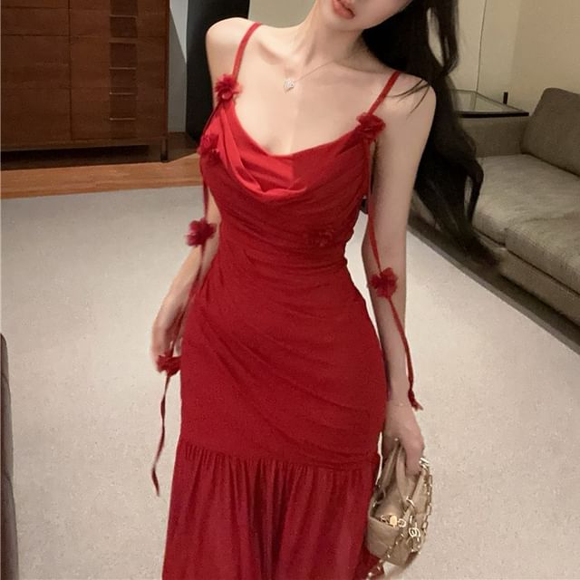 Plain Dress Detail Spaghetti Mermaid Side-Slit Flower Strap Ruched Maxi