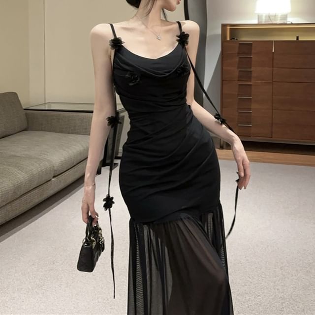 Plain Dress Detail Spaghetti Mermaid Side-Slit Flower Strap Ruched Maxi