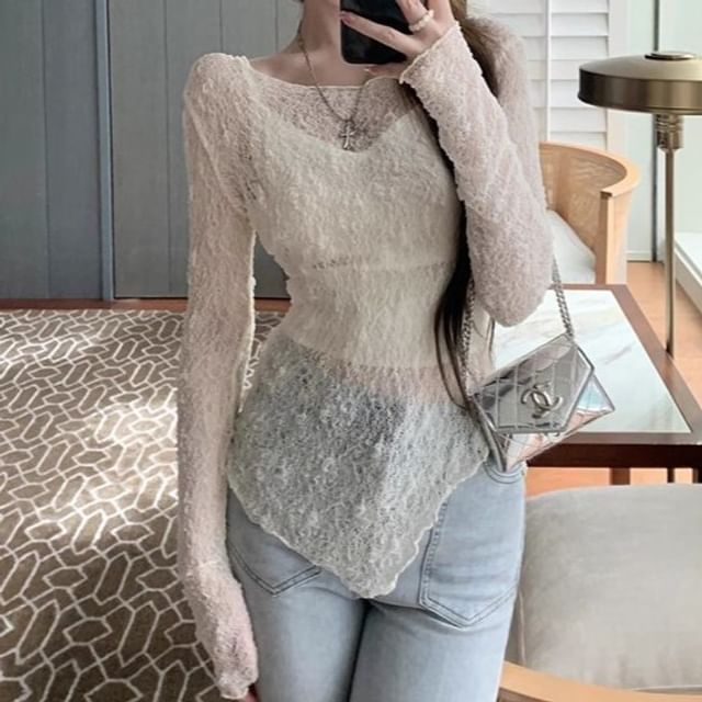 Slit Lace Long-Sleeve Top with Round Neck