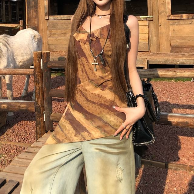 Printed Top Ruffled Asymmetrical Camisole