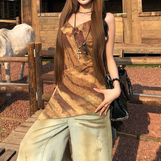 Printed Top Ruffled Asymmetrical Camisole