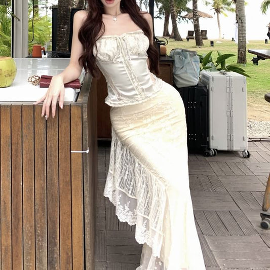 Maxi Drawstring Trim Top Camisole / Lace Skirt Satin Rise High Fishtail