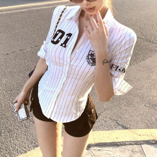 Numbering Shirt Striped Elbow-Sleeve Button-Up