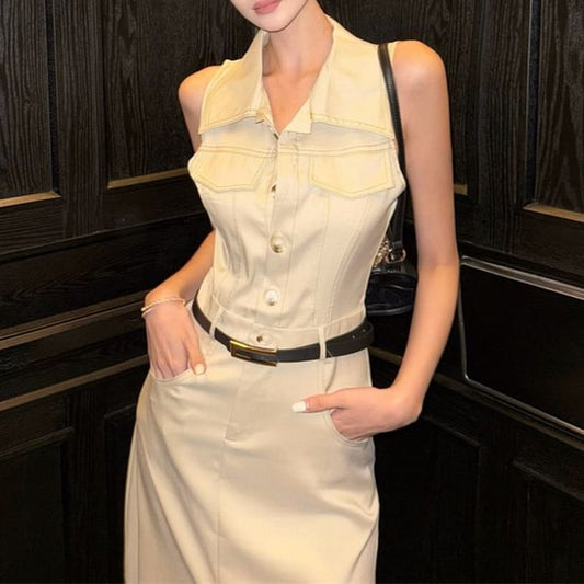 Collared Button-Up Midi Dress Sleeveless Slit A-Line