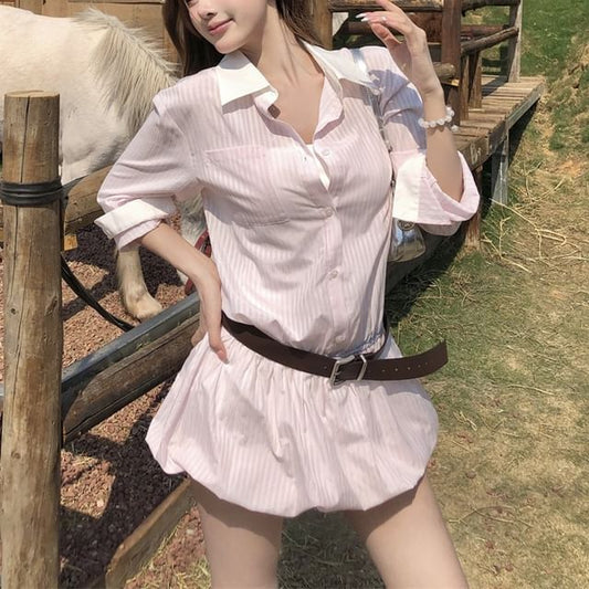 Long-Sleeve Striped + Set: Shirtdress Mini Belt Button-Up
