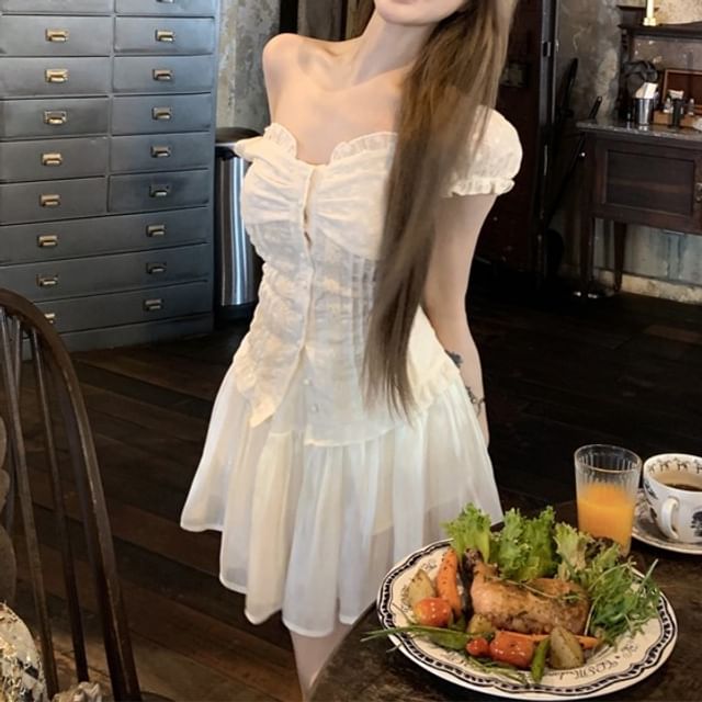 A-Line Shirred Blouse Mini Plain Rise Off-Shoulder High / Skirt Ruffled