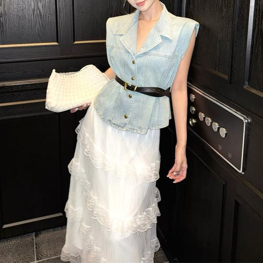 Lace Layered High Button-Up Denim / Midi Vest Rise Skirt A-Line Washed