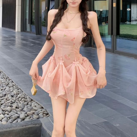 Mini Spaghetti Floral Dress Print A-Line Strap Shirred