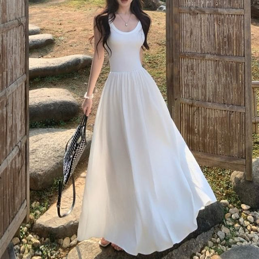 Midi Spaghetti Strap Dress Plain A-Line