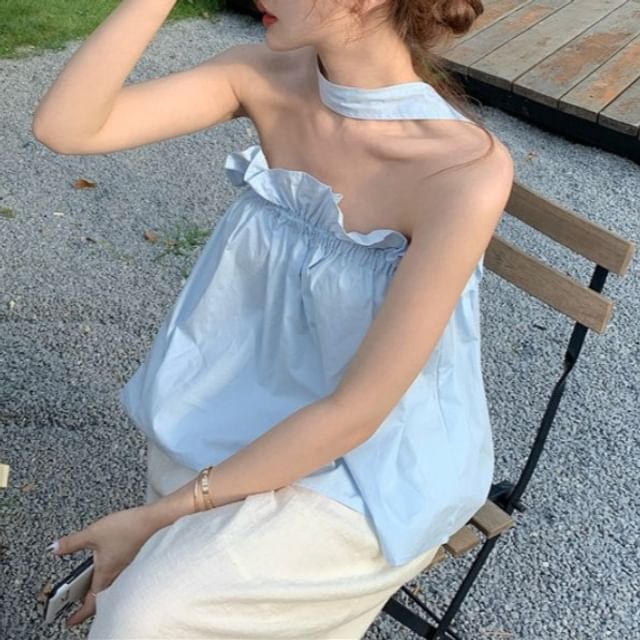 Ruffled Back Top Plain Camisole Open Balloon Keyhole