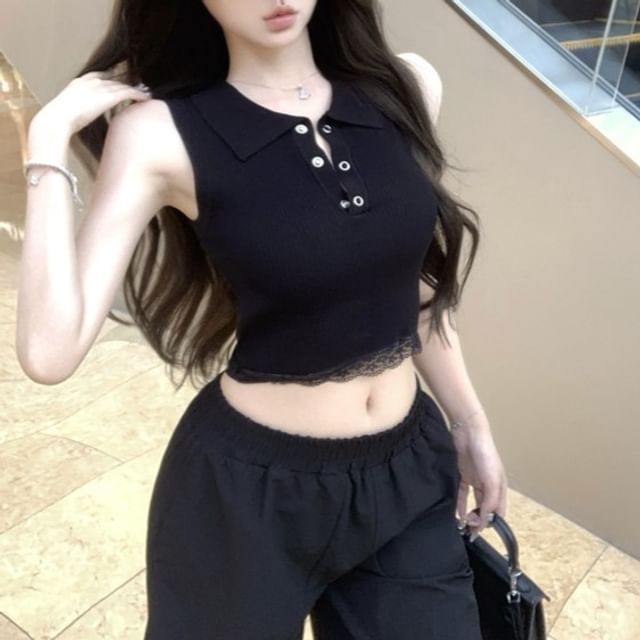 Plain Sleeveless Collared Trim Lace Top