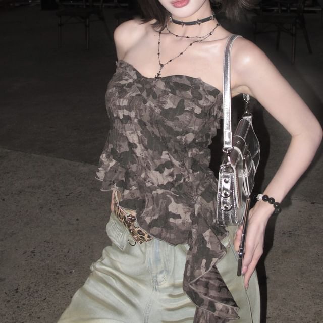 Print Ruffled Top Tube Camo Asymmetrical