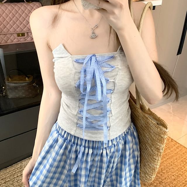 Gingham Tube Top Lace-Up