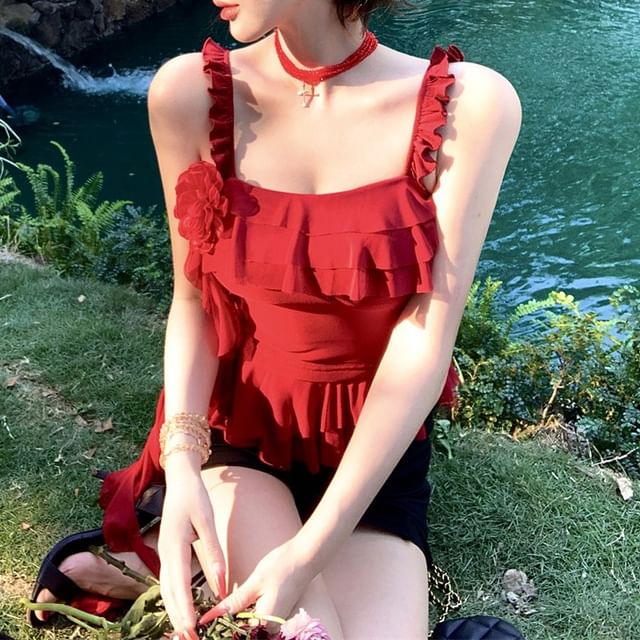 Top High Cami Waist Skirt Asymmetrical Floral / Pencil Ruffled Mini