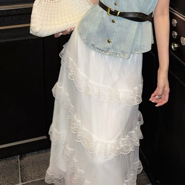 Lace Layered High Button-Up Denim / Midi Vest Rise Skirt A-Line Washed