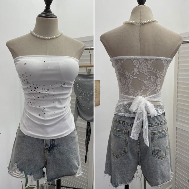 Rhinestone-Trimmed Lace Tube Top
