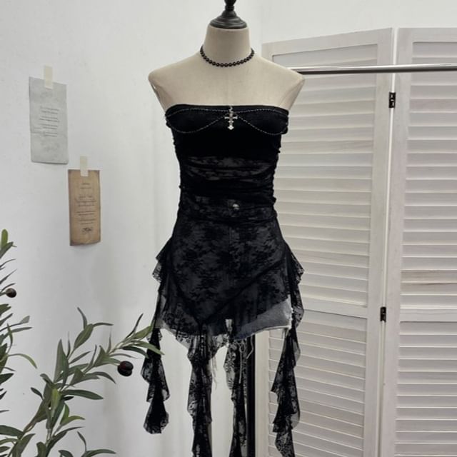 Asymmetric Ruffle Lace Tube Top with Beads