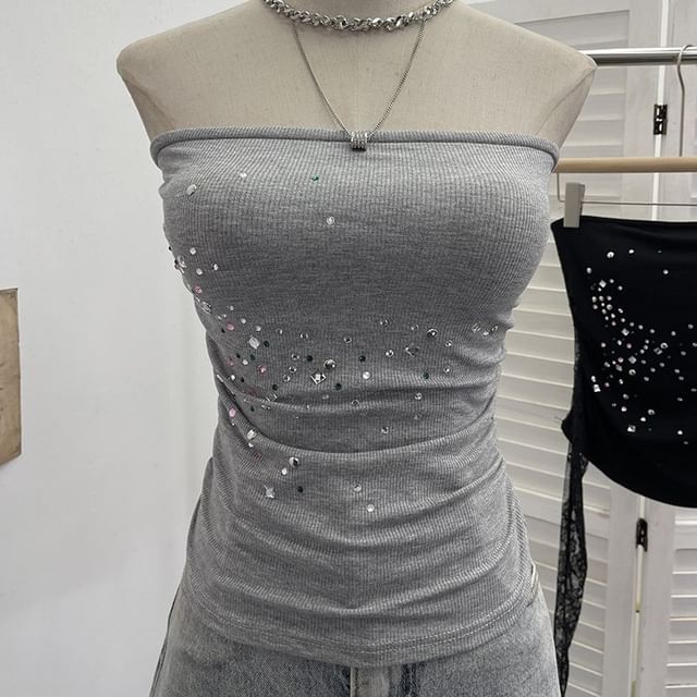 Rhinestone-Trimmed Lace Tube Top