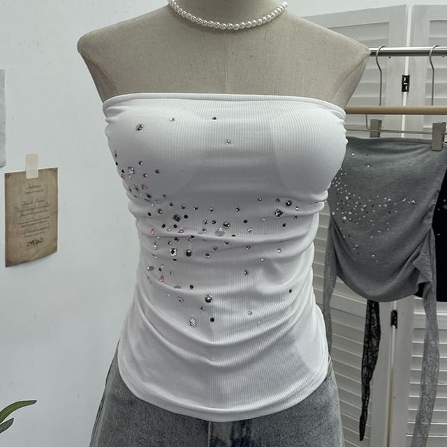 Rhinestone-Trimmed Lace Tube Top