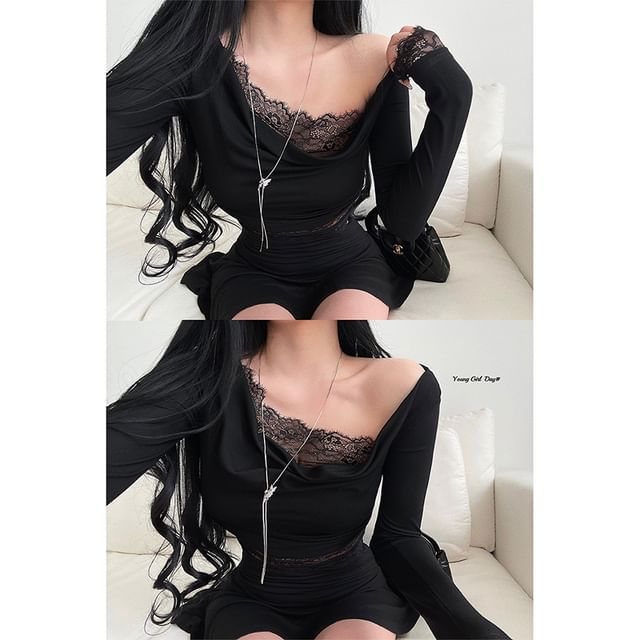 Off-Shoulder Ruched Crop Top with Lace Panels