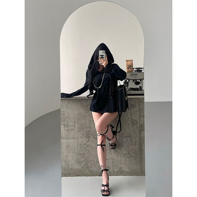 Hooded Long-Sleeve Top with Lace Accents