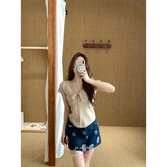 Tie-Front Lace Knit Top with V-Neckline